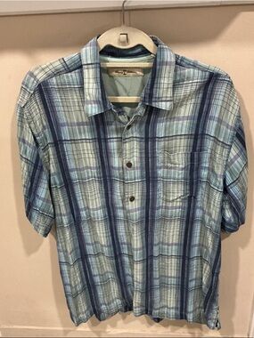 Tommy Bahama Vintage Men's silk Blue Plaid Short-Sleeve Button Shirt L